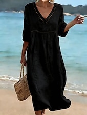 economico Vestito bianco-Per donna Abito Midi Abito a trapezio Casual All'aperto Spiaggia Uscire Vestibilità comoda Tinta unica Manica 3/4 Scollo a V Blu Nero Giallo Rosa Estate Primavera