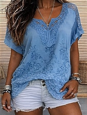 economico Top in Pizzo-Per donna Blusa Pizzo Tinta unica Elegante Casual Manica Corta Scollo a V Top Regolari Quotidiano Blu Nero Bianco Arancione Grigio Estate Primavera Autunno