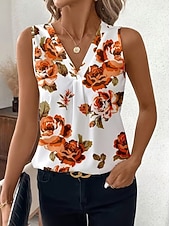 billige Grafisk tank-Women's Tank Top Floral Graphic Plants Elegant Vintage Stylish Sleeveless V Neck Regular Tops Beach Wedding Casual Daily White Light Pink Light Purple Orange Summer Spring