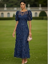 cheap Cocktail Dresses-Sheath Column Ankle Length Lace Dress Cocktail Dresses Elegant Vintage Floral Short Sleeve One Shoulder Garden Party Wedding Satin Tulle with 3D Flowers Bow(s)