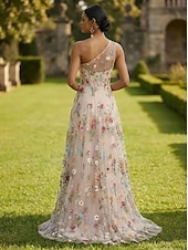  Linea ad A Lunghezza al pavimento Abito da Sera Abito formale Elegante Floreale Senza Maniche Monospalla Festa in giardino Matrimonio Raso Tulle con Fiore ricamato Pieghe Spacco