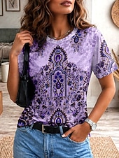 ieftine tricou boho-Pentru femei Tricou Imprimeu Grafic Abstract Epocă Stilat Clasic Manșon scurt Stil Nautic În V Topuri obișnuite Casual Zilnic Sfârșit de săptămână Albastru piscină Negru Galben Mov Maro Vară Primăvară