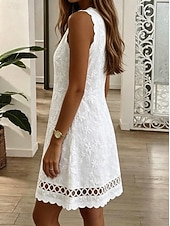  Dam Kort miniklänning Boho-klänning Spetsklänning Solklänning Vit klänning Elegant Mode Dagligen Strand Normal Blommig Ärmlös Rund hals Vit Sommar Vår