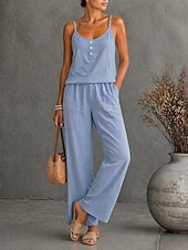 cheap Sets-Women's 100%cotton Tank Top Pants Sets Button Front Sleeveless Fashion Daily Date Going out Blue White Gray Summer Loose Fit
