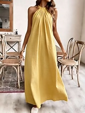 cheap Plain Dress-Women's Maxi Faux Cotton Linen Dress Shift Dress Summer Dress Casual Daily Loose Fit Plain Sleeveless Halter Neck Black White Yellow Purple Summer Spring