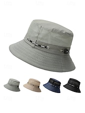 baratos Chapéus Masculinos-Chapéu bucket masculino respirável e leve em poliéster, várias cores, secagem rápida, ideal para férias na praia, pesca, caminhadas e uso casual no dia a dia.
