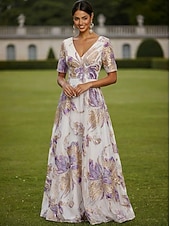 abordables Largo del piso-Corte A Vestidos Hasta el Suelo Vestido maxi Vestido de Fiesta Vestido Cóctel Vestido de Madrina Manga Corta Escote en Pico Elegante Vintage Lujoso Formal Invitado a la boda El derby de Kentucky Gasa