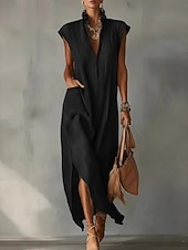  Women's Midi Dress Linen-feel Dresses Boho Dress Elegant Daily Outdoor Beach Loose Fit Plain Sleeveless V Neck Black White Red Sky Blue Summer
