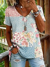 voordelige Bloementhee-Dames T-shirt Afdrukken Grafisch Geometrie Vintage Stijlvol Klassiek Korte mouw V-hals Normale tops Casual Dagelijks Uitgaan blauw Geel Grijs Zomer Lente