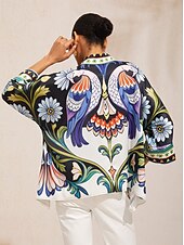 preiswerte Blusen-Bluse aus seidigem Satin mit Vogel- und Blumenmuster und Dolmanärmeln