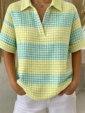  Жен. Вафельная рубашка Повседневная рубашка Летние вершины Графика Геометрический принт Винтаж Стиль Без рукавов Длинные топы Повседневные на открытом воздухе Офис Белый и синий Желтый Хаки