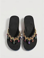 abordables Femmes-Tongs compensées arc-en-ciel pour femmes ornées de cristaux – sandales de plage bohèmes pour les vacances d'été