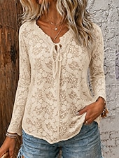 preiswerte Spitzenoberteile-Damen Hemd Boho-Hemd Bluse Spitze Patchwork Einfarbig Basic Lässig Langarm V Ausschnitt Normale Oberteile Lässig Täglich Schwarz Weiß Rosa Khaki Sommer Frühling Herbst Winter