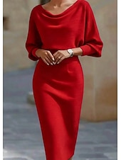 abordables Robes de Diplôme-Femmes Robe Midi Robe moulante Robes semi-formelles Bureau Coupe régulière Uni Manche 3/4 Col Bateau Bleu Noir Blanche Rouge Été Printemps Automne