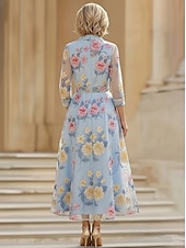 voordelige Enkel Lengte-A-lijn Jurken Tot de enkel Over de knie Bruiloft gast jurk Moeder van de bruid jurk 3/4 mouw Overhemdkraag Elegant Vintage Formeel Bruiloft gast Semi formeel Organza Jacquard met Strik(ken)