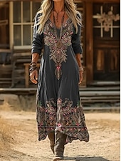  女性用 マキシドレス サンドレス 旅行度假风 カジュアル ボヘミアン 日常 ルーズフィット フラワー 長袖 Ｖネック ブルー ブラック イエロー ルビーレッド 夏 春