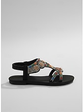 baratos Sandálias Planas-Sandálias rasteiras femininas pretas estilo boêmio com aplicações de miçangas multicoloridas – calçado étnico floral com tira em T, ideal para férias em destinos tropicais e viagens à praia.
