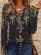 economico T-shirt Boho-Maglietta da donna a maniche lunghe con zip a quarto Stile casual grafica tribale vintage bohemienne tropicale hawaiana scollo a V top regolari quotidiani per uscire neri primavera autunno