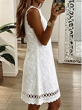  Dam Kort miniklänning Boho-klänning Spetsklänning Solklänning Vit klänning Elegant Mode Dagligen Strand Normal Blommig Ärmlös Rund hals Vit Sommar Vår