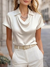 economico Bluse Semplici-Per donna Camicia Top in raso Blusa Top Eleganti Semplice Elegante Manica Corta Scollo a Cascata Colletto a Camicia Top Regolari Quotidiano Ferie Uscire Nero Bianco Champagne Giallo Vino Estate