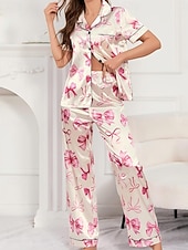 cheap Women's Sleep Tops &amp; Bottoms-Women's Loungewear Pajama Set Fashion Simple Casual Graphic Satin Silky Pajamas Pyjamas Elastic Waist Buttons Pant Home Vacation Short Sleeve Shirt Collar Pink Summer Spring Fall Regular Fit