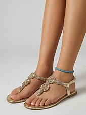 cheap Flat Sandals-Women's Gold Crystal Flat Sandals, Open Toe T-Strap Evening Dress Shoes for Resort Dinner, Vacation &amp; Summer Evening Events