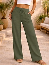 cheap Bottoms-Women's Linen-feel Pants Summer Pants Vacation Basic Full Length Medium Waist Plain Drawstring Comfort Micro-elastic Daily Blue Depression Green Apricot Grey Summer Spring
