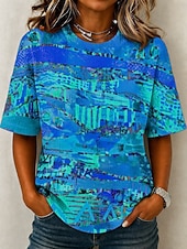 baratos Boho tee-Women's Waffle T-shirt Textured Knit Tops T Shirt Summer Tops Drop Shoulder Print Graphic Geometric Tribal Vintage Stylish Classic Short Sleeve Crew Neck Round Neck Regular Tops Casual Daily Blue