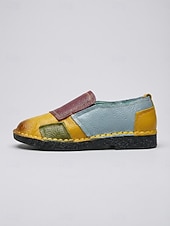 cheap Women's Flats-Women's Yellow Genuine Cowhide Colorblock Flats, Hand Stitched Slip On Casual Shoes, Comfortable Soft Sole Footwear for Daily Wear, Travel, Vacation &amp; Casual Outings