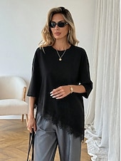 Χαμηλού Κόστους Απλή μπλούζα-Γυναικεία Κομψή Χιτώνας Μπλουζάκι Ασύμμετρο στρίφωμα Σκέτο Κομψό Βοημία Κοντομάνικο Στρογγυλή Ψηλή Λαιμόκοψη Μακριές μπλούζες Causal Μαύρο Λευκό Καλοκαίρι Άνοιξη