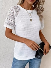 economico Top in Pizzo-Per donna Maglietta Maglietta in pizzo Pizzo Patchwork Semplice Moda Elegante Classico Manica Corta Girocollo Top Regolari Quotidiano Uscire Weekend Nero Bianco Grigio Estate Primavera