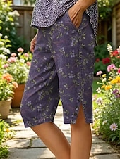 abordables Pantalones cortos bermudas-Mujer Bermudas Pantalones cortos de lino y algodón Pantalones Capri Polainas Vacaciones Vintage estilo costero de la abuela Medio corto Media cintura Floral Graphic Estampado Comodidad Rígido Diario