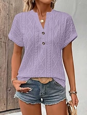 economico T-shirt semplice-Per donna Blusa Testurizzato Tinta unica Vintage Elegante Essenziale Manica Corta Scollo a V Top Regolari Quotidiano Blu Nero Bianco Rosa Rosso Estate Primavera