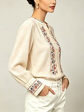 abordables Blusas Elegantes-camisa de manga larga para mujer con bordado floral