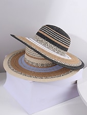cheap Vacation &amp; Travel Bags-Women's Bohemian Striped Straw Tote Bag and Sun Hat Set, Boho Ethnic Woven Beach Vacation Handbag Set in Multiple Colors for Resort Travel, Casual Summer Outfits and Everyday Wear