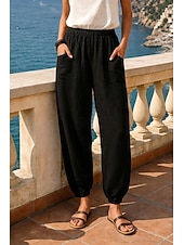 abordables Fondos-Mujer 100% Algodón Pantalones anchos Pantalones Harem Vacaciones Básico Confort Largo Cintura Media Color sólido Bolsillo Cintura elástica Cómodo Transpirable Rígido Diario Casual Gris Negro Blanco