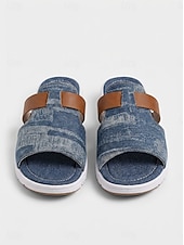 tanie Sandały typu slide-damskie sandały typu slip-on z denimu z akcentami ze sztucznej skóry, rustykalny szykowny styl farmhouse na grille na podwórku, spacery po wsi i codzienne codzienne noszenie