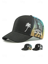 halpa Miesten hatut-Miesten verkkokankainen patchwork-polyesteribaseball-lippis, monivärinen säädettävä rekkakuskihattu, jossa brodeerattu palmupuu rantalomaan, ulkoiluun, matkoille ja jokapäiväiseen vapaa-ajan käyttöön