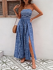 voordelige vakantie jumpsuit-Dames Jumpsuit Actief Grafisch Mouwloos Breed Been Strapless Blote rug Splitsen Dagelijks Vakantie Normale pasvorm blauw Rood Khaki Zomer