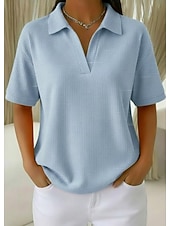 olcso Egyszerű póló-Női 100% pamut oversized bordázott kötött felsők póló Tee ejtett vállú stílusos alkalmi rövid ujjú V nyakú inggallér normál felsők napi szórakozás nyaralás viselet kék fehér narancs zöld világoskék