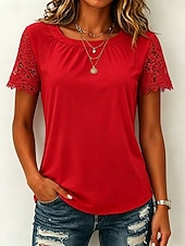 cheap Lace Tops-Women's Shirt Blouse Lace Tops Lace Plain Stylish Classic Modern Short Sleeve Crew Neck Regular Tops Daily Holiday Going out Blue Black White Pink Red Summer Spring