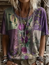 economico T-shirt floreale-Per donna Maglietta Stampato Floreale Grafico Vintage Elegante Casual Manica Corta Girocollo Top Regolari Casuale Quotidiano Viola Verde Estate Primavera