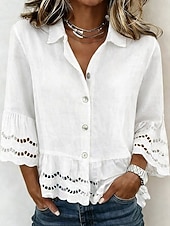 economico Bluse Semplici-Per donna Blusa Bottoni Bordo in pizzo Tinta unica Elegante Vacanza Casual Manica 3/4 Colletto a Camicia Top Regolari Quotidiano Blu Bianco Estate Primavera Autunno