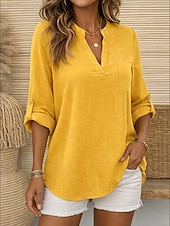 olcso Luxus ingek-Női Pamut vászon ingek Nyári felsők Blúz Öltözetes felsők Fodrozott Kollázs Zseb Tömör szín Sima Elegáns Szüret hölgyek Háromnegyedes V-alakú Állógallér Hosszú felsők Hétköznapi Napi Munka Medence