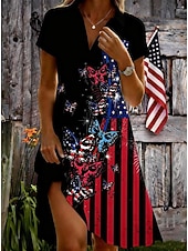  Amerikanischer Unabhängigkeitstag Damen Minikleid A Linie Kleid Urlaub Lässig Strand Normale Passform Grafik Flagge Kurzarm V Ausschnitt Schwarz Weiß Sommer Frühling