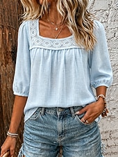  Women's Linen-feel Shirts Blouse Lace Trim Solid Color Daily Stylish Basic 3/4 Length Sleeve Square Neck Regular Tops Casual Daily Blue White Pink Navy Blue Green Summer Spring Fall