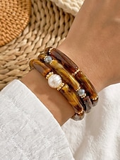 billige Damearmbånd-Bohemsk 3-delt armbåndssett i akryl for kvinner, elastiske, stabelbare armbånd, perfekt for strandferie, hverdagsbruk og sommertilbehør