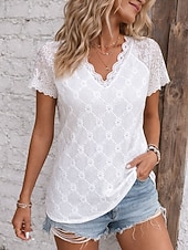 preiswerte Spitzenoberteile-Damen T Shirt T-Shirt Spitze Patchwork Einfach Mode Stilvoll Klassisch Kurzarm V Ausschnitt Normale Oberteile Täglich Ausgehen Wochenende Weiß Sommer Frühling