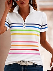 economico T-shirt a righe e geometrico-Per donna Maglietta Cerniera Zip a un quarto A strisce Grafico Blocco di colori A righe Vintage Tropicale Hawaiano Manica Corta Collo Alto Top Regolari Matrimonio in Spiaggia Casuale Quotidiano Blu