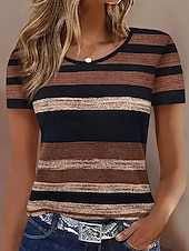 billiga Randig och geometrisk t-shirt-Dam T-shirt Färgblock Mönster Grafisk Geometrisk Randig Vintage Mode Stylish Kortärmad Rund hals Vanliga toppar Dagligen Blå Gul Brun Grå Sommar Vår